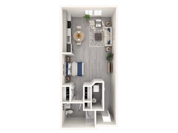 A top-down view of a small, neatly organized apartment with a kitchen, living room, and bathroom.