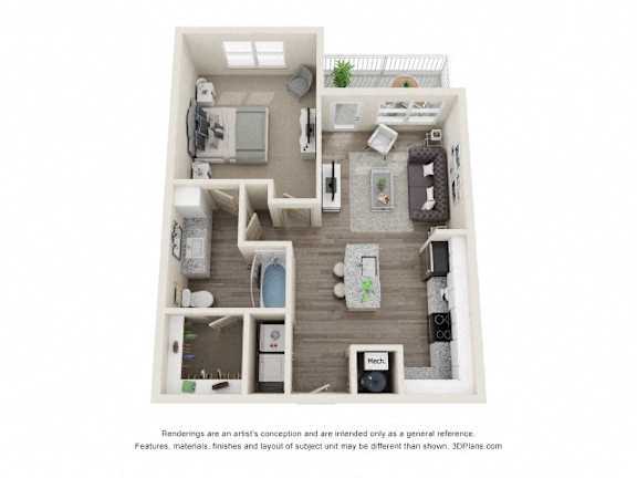 A 3D floor plan of a house with a kitchen, living room, and bathroom.