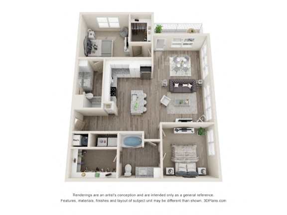 A 3D floor plan of a small apartment with a kitchen, living room, bedroom, and bathroom.