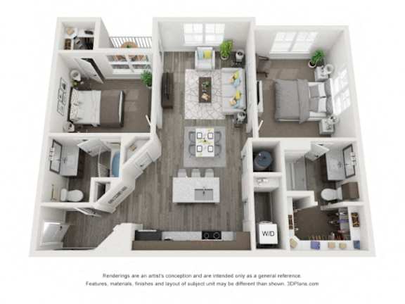 A 3D floor plan of a house with labeled rooms.