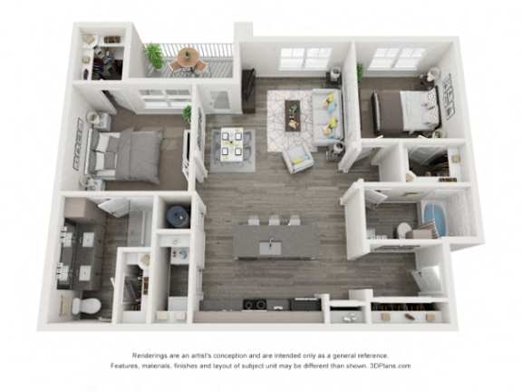 A 3D floor plan of a small apartment with a kitchen, living room, and bathroom.