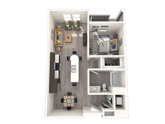 a stylized floor plan with a bedroom and a living room