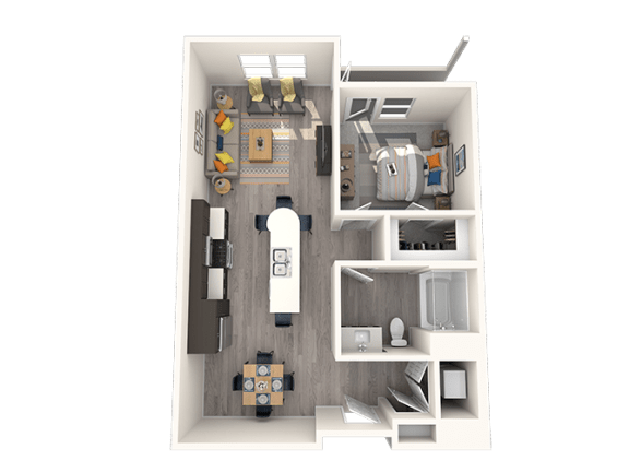 a stylized floor plan with a bedroom and a living room