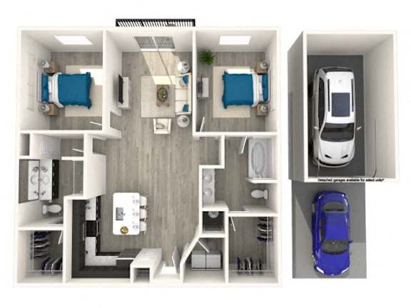 A 3D floor plan of a small apartment with a bedroom, living room, kitchen, and bathroom.