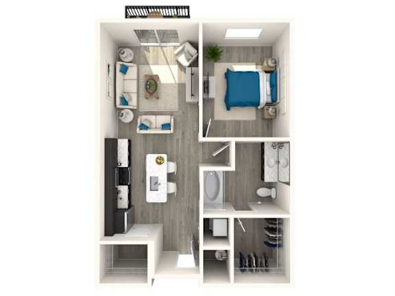 A top-down view of a small, modern apartment with a kitchen, living room, and bathroom.