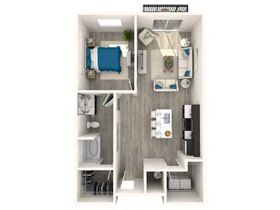 A top-down view of a small, modern apartment with a bedroom, living room, and kitchen area.