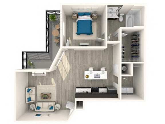 A 3D floor plan of a small apartment with a bedroom, living room, and kitchen.