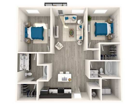 A 3D floor plan of a small apartment with two bedrooms, a living room, and a kitchen.