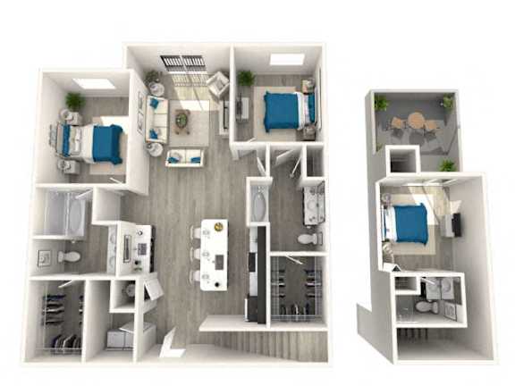 Floor Plan  A 3D floor plan of a small apartment with a kitchen, living room, and bedroom.