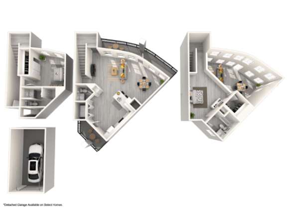 A set of four images showing the interior layout of a house with a detached garage.