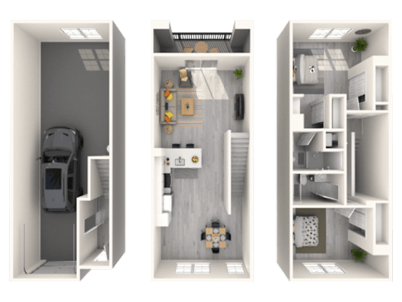 Three images of a small apartment layout.