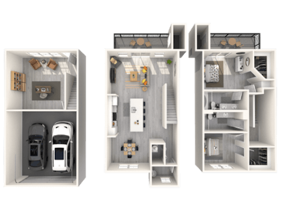 Three different floor plans of a house with a garage and a kitchen.