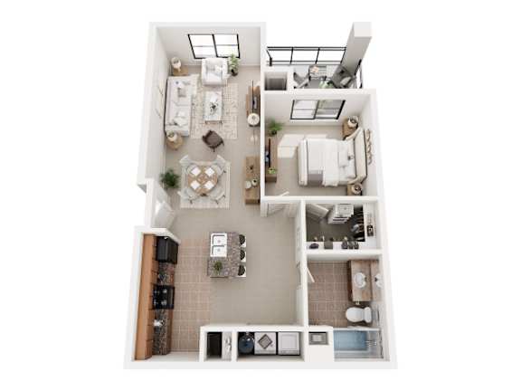 A top-down view of a small apartment with a kitchen, living room, and bathroom.