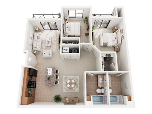 A floor plan of a small apartment with a kitchen, living room, and bathroom.