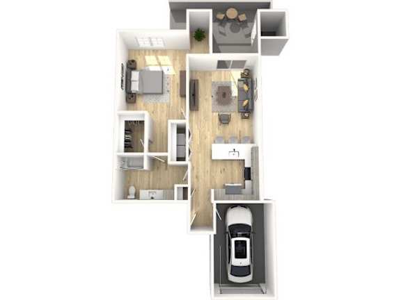 Floor Plan  A top down view of a house with a car in the garage.