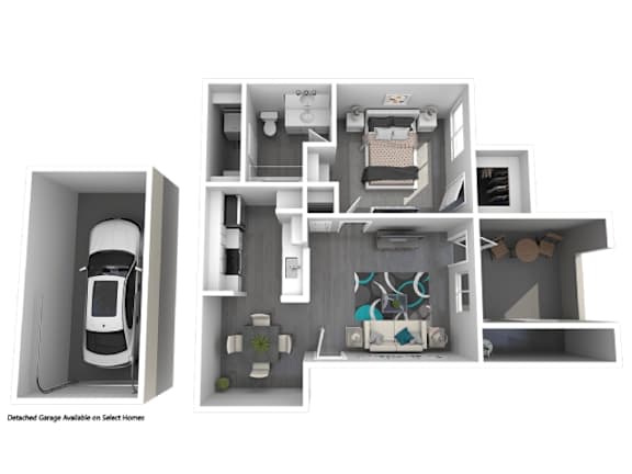 A diagram of a house layout with a detached garage available on select homes.
