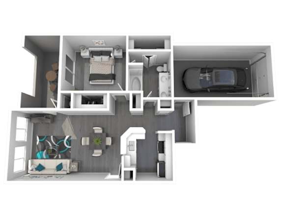 A 3D rendered image of a house layout.