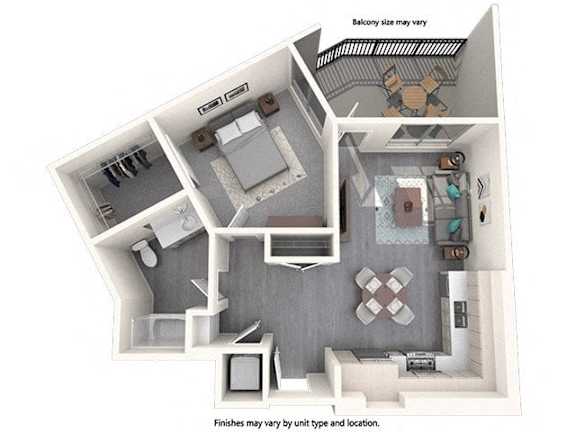 A diagram of a house layout with a balcony and a note that finishes may vary by unit type and location.