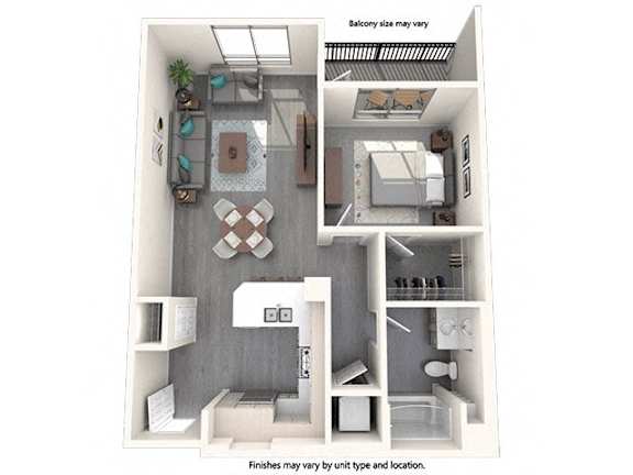 A 3D floor plan of a house with a kitchen, living room, and bathroom.