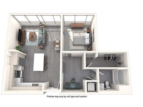 A 3D floor plan of a house with a kitchen, living room, and bathroom.