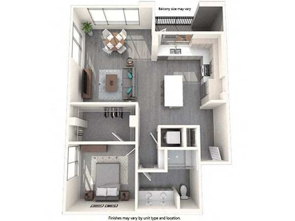A floor plan of a small apartment with a kitchen, living room, and bathroom.