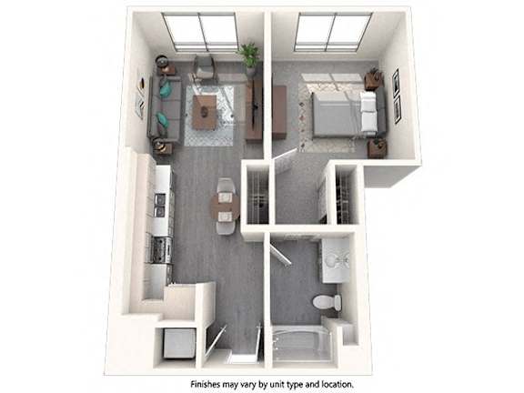 A 3D floor plan of a house with a kitchen, living room, and two bedrooms.