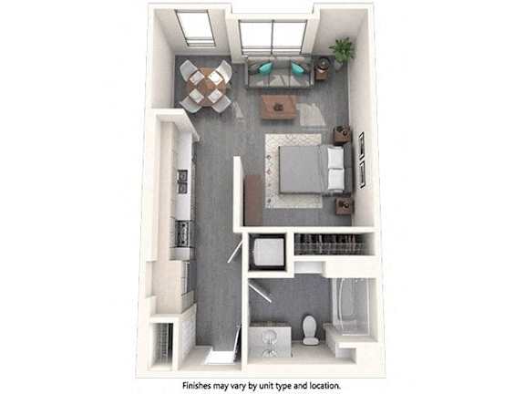 A floor plan of a small apartment with a kitchen, living room, and bathroom.