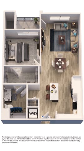 A floor plan of a small apartment with a kitchen, living room, and bathroom.