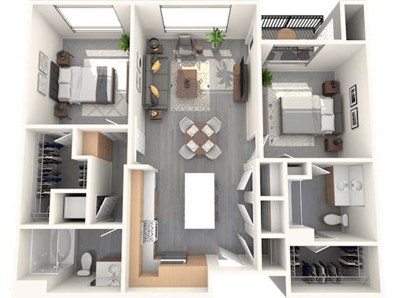 A 3D floor plan of a house showing a kitchen, living room, dining room, and bedrooms.