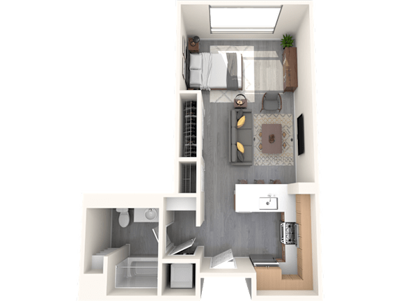 A top-down view of a small apartment with a kitchen, living room, and bathroom.