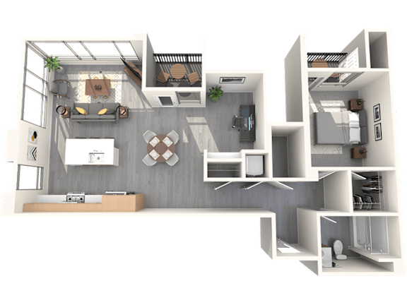 A 3D rendered image of a modern apartment layout.
