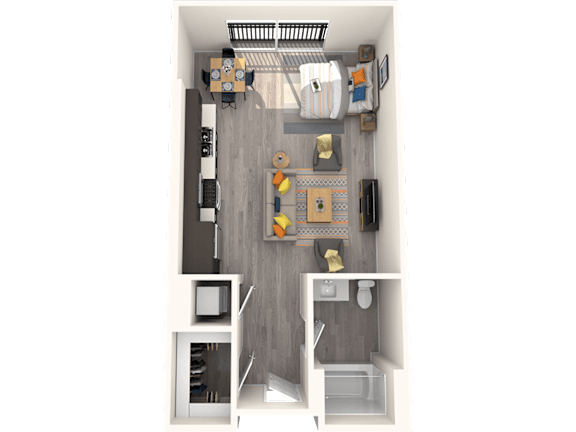 A top-down view of a small apartment with a kitchen, living room, and bathroom.