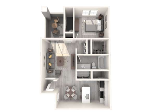 A white dollhouse with a kitchen, living room, and bathroom.
