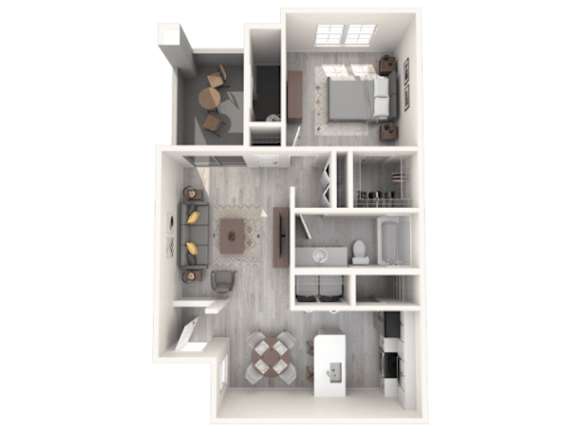 A white 3D floor plan of a small apartment with a kitchen, living room, and bathroom.