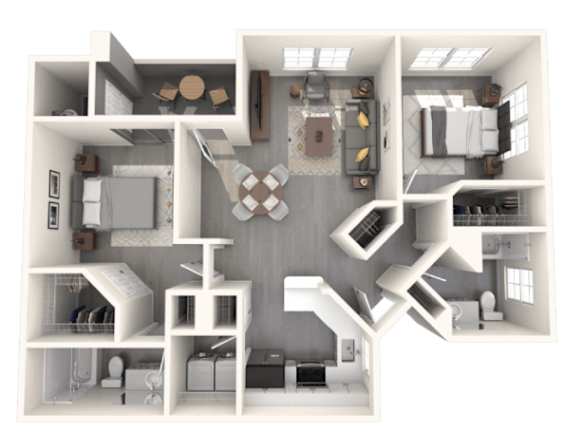 A 3D floor plan of a house with various rooms and furniture.