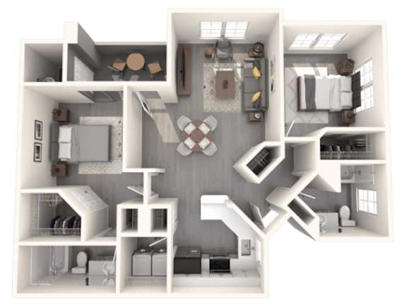 Floor Plan  A 3D floor plan of a house with a kitchen, living room, and bedrooms.