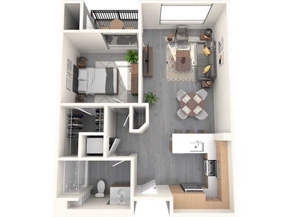 A 3D floor plan of a small apartment with a living room, kitchen, and bedroom.
