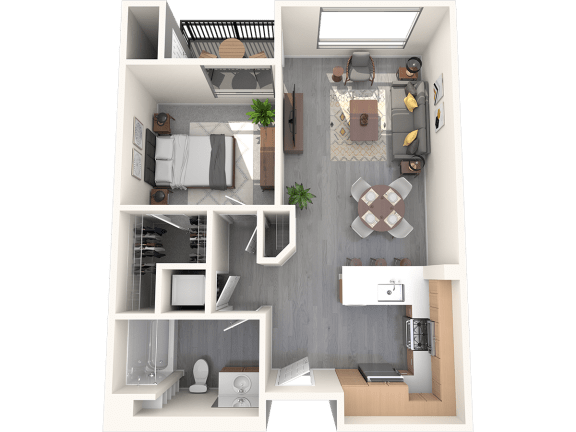 a rendering of a 1 bedroom floor plan with a bathroom and a living room