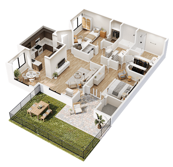 A 3D rendered image of a modern house interior.