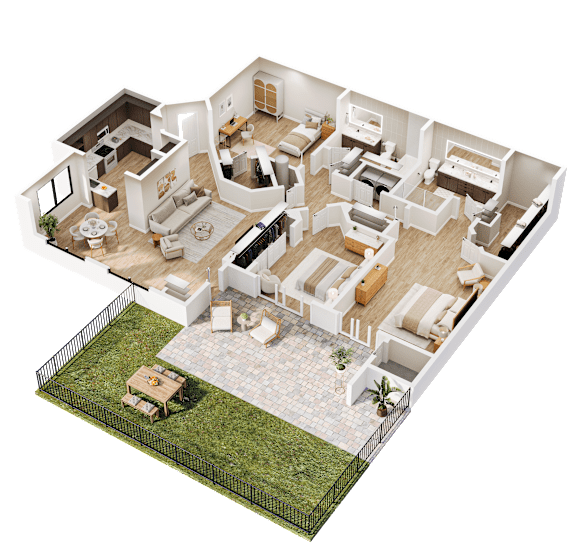A 3D rendered image of a house interior.