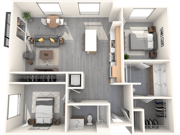 A 3D floor plan of a small apartment with a living room, kitchen, and bedroom.