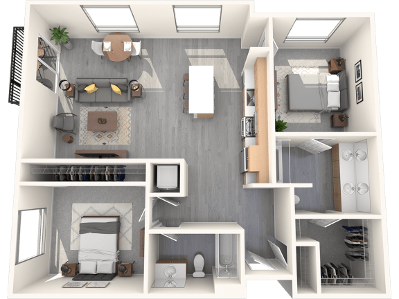 a 3d rendering of a floor plan with a bedroom and a living room