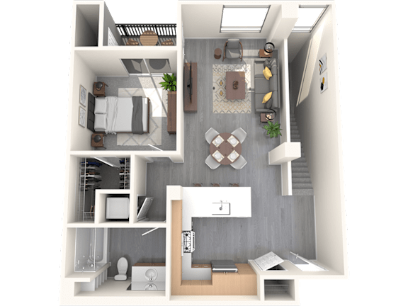 A 3D rendered image of a modern apartment layout.