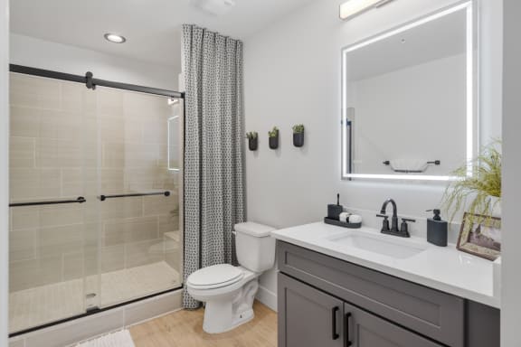 a bathroom with a shower and a sink and a toilet
