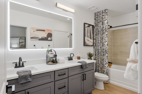 a bathroom with a large mirror and two sinks