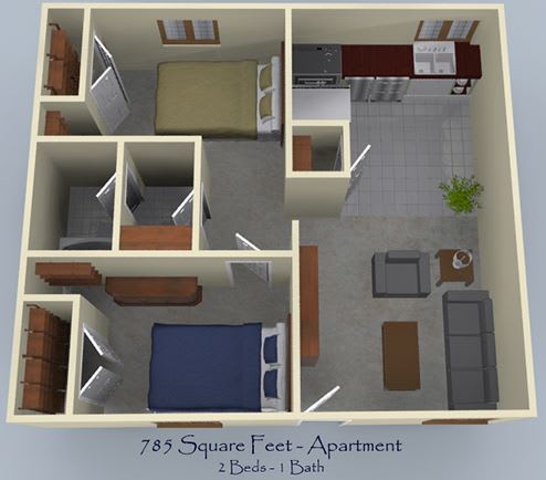 2 Bedroom 1 Bathroom Floorplan at I Street Apartments, Davis, CA 95616