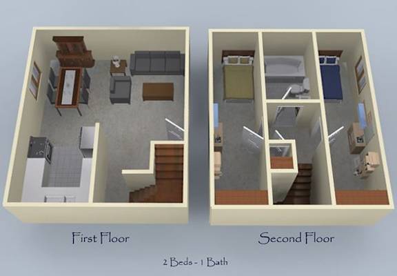 2 Bedroom 1 Bathroom Townhouse Floorplan at I Street Apartments, Davis, CA