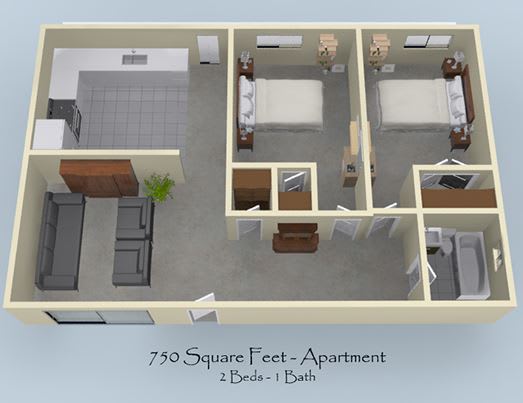 A 3D image of a 750 square feet apartment with two bedrooms and one bath.