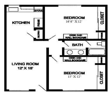 2 Bedroom 1 Bathroom Floorplan at Pennsylvania Place, California 95616