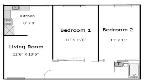 2 Bedroom 1 Bath Floorplan at University Square Apartments, Davis, 95616